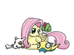 Size: 1024x768 | Tagged: safe, artist:thekassyk, fluttershy, pegasus, pony, crossover, cubone, dunsparce, pokémon, ralts