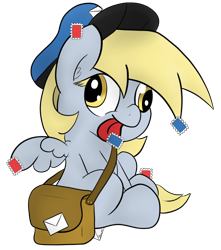 Size: 2300x2600 | Tagged: safe, artist:ramott, derpy hooves, pegasus, pony, female, mailbag, mailmare, mare, solo, stamp, tongue out