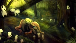 Size: 1853x1042 | Tagged: safe, artist:cherivinca, fluttershy, pegasus, pony, crepuscular rays, forest, kodama, princess mononoke