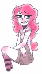 Size: 720x1280 | Tagged: safe, artist:hello, pinkie pie, crying, humanized, overalls, solo