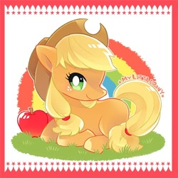 Size: 500x500 | Tagged: safe, artist:isonji, applejack, earth pony, pony, apple, obligatory apple, pixiv, prone, smiling, solo