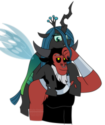 Size: 1733x2061 | Tagged: safe, artist:skylarkeeper, lord tirek, queen chrysalis, centaur, changeling, changeling queen, season 9, spoiler:s09, bracer, chrysirek, crown, cute, cutealis, female, jewelry, looking at each other, male, mare, nose piercing, nose ring, piercing, regalia, shipping, signature, simple background, smiling, snuggling, straight, tirebetes, transparent background