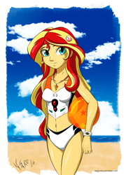 Size: 1561x2203 | Tagged: safe, artist:razamatzu, sunset shimmer, equestria girls, beach, belly button, bikini, clothes, cutie mark, cutie mark necklace, dragon ball, jewelry, necklace, neon genesis evangelion, solo, swimsuit