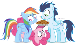 Size: 950x588 | Tagged: safe, artist:dm29, derpibooru import, pinkie pie, rainbow dash, soarin', earth pony, pegasus, pony, blushing, crush, cute, female, heart, male, pie, pie seduce, pun, shipper on deck, shipping, simple background, soarin' gets all the mares, soarindash, soarinpie, straight, that pony sure does love pies, transparent background, trio
