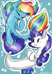 Size: 560x803 | Tagged: safe, artist:circusfnaffamily, derpibooru import, rainbow dash, rarity, seapony (g4), eyes closed, female, lesbian, raridash, shipping, smiling, tail, tail pull, transformation, underwater, water