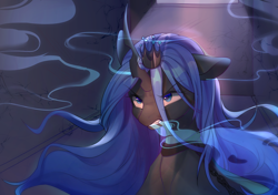 Size: 1700x1200 | Tagged: safe, artist:leafywind, queen chrysalis, changeling, changeling queen, angry, blue changeling, bust, chains, changelings in the comments, crown, female, jewelry, portrait, regalia, solo