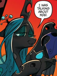 Size: 791x1047 | Tagged: safe, artist:andypriceart, idw, queen chrysalis, changeling, changeling queen, fiendship is magic, comic panel, hasbro, official comic, petting, red background, simple background