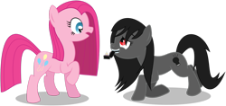 Size: 1299x614 | Tagged: safe, artist:masem, pinkie pie, oc, oc:dark light, earth pony, pony, canon x oc, eye contact, female, kneeling, lesbian, marriage proposal, mouth hold, open mouth, pinkamena diane pie, raised hoof, ring, simple background, smiling, surprised, transparent background, vector, wide eyes
