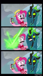 Size: 1288x2282 | Tagged: safe, edit, edited screencap, editor:teren rogriss, screencap, pinkie pie, queen chrysalis, changeling, changeling queen, earth pony, pony, best gift ever, the ending of the end, chrysalis blasts things, fake moustache, female, green eyes, holly the hearths warmer doll, tricked, trickery, ultimate chrysalis