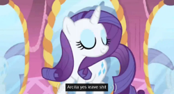 Size: 574x310 | Tagged: safe, screencap, rarity, pony, unicorn, meme, mirror, opening, solo, vulgar, youtube caption