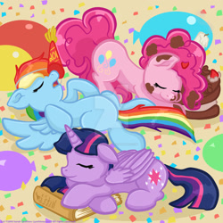 Size: 1024x1024 | Tagged: safe, artist:yoshimarsart, derpibooru import, pinkie pie, rainbow dash, twilight sparkle, twilight sparkle (alicorn), alicorn, earth pony, pegasus, pony, book, cake, food, hat, party hat, prone, sleeping, watermark