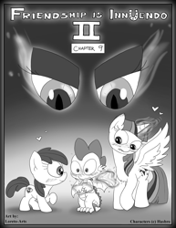 Size: 2550x3300 | Tagged: safe, artist:loreto-arts, apple bloom, queen chrysalis, spike, twilight sparkle, twilight sparkle (alicorn), alicorn, changeling, changeling queen, dragon, pony, comic:friendship is innuendo, comic:friendship is innuendo vol. 2, comic, eye, eyes, female, filly, grayscale, heart, monochrome, winged spike