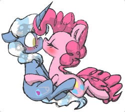 Size: 583x522 | Tagged: safe, artist:artflicker, pinkie pie, pokey pierce, poppy pin, earth pony, pony, blushing, female, half r63 shipping, kissing, lesbian, pokeypie, rule 63, shipping