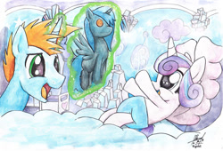 Size: 1024x695 | Tagged: safe, princess flurry heart, queen chrysalis, oc, oc:harmony star, changeling, changeling queen, plushie, traditional art