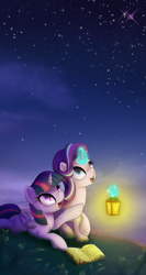 Size: 1000x1875 | Tagged: safe, artist:klemm, starlight glimmer, twilight sparkle, twilight sparkle (alicorn), alicorn, pony, unicorn, atg 2017, book, cute, duo, female, glimmerbetes, glowing horn, lantern, looking up, mare, newbie artist training grounds, night, open mouth, stargazing, starry night, stars, teacher and student, twiabetes