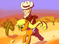 Size: 2560x1920 | Tagged: safe, artist:lemon1986, applejack, earth pony, human, pony, cactus, female, humans riding ponies, male, mare, riding, saguaro cactus