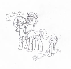 Size: 2276x2227 | Tagged: safe, artist:frikdikulous, fancypants, rarity, spike, dragon, pony, unicorn, bouquet, dialogue, female, friendzone, male, mare, monochrome, raripants, shipping, shipping denied, sketch, stallion, straight, traditional art