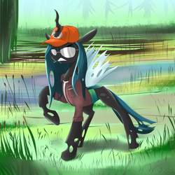 Size: 4000x4000 | Tagged: safe, artist:wilshirewolf, queen chrysalis, changeling, changeling queen, absurd resolution, angry, cigarette, clothes, crossover, dale gribble, female, hat, horn, horn impalement, king of the hill, rusty shackleford, solo, sunglasses