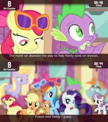 Size: 854x960 | Tagged: safe, derpibooru import, screencap, apple bloom, applejack, rainbow dash, rarity, scootaloo, spike, sweetie belle, dragon, earth pony, pegasus, pony, unicorn, for whom the sweetie belle toils, cinemare sins, cutie mark crusaders