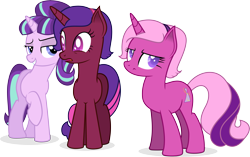 Size: 8313x5231 | Tagged: safe, artist:illumnious, starlight glimmer, oc, oc:aura midnight, oc:flares midnight, pony, absurd resolution, female, lidded eyes, mare, simple background, smiling, transparent background, trio, vector