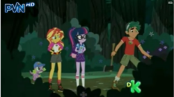 Size: 1118x626 | Tagged: safe, screencap, sci-twi, spike, spike the regular dog, sunset shimmer, timber spruce, twilight sparkle, dog, equestria girls, legend of everfree, axe, clothes, collar, discovery kids, out of context, weapon