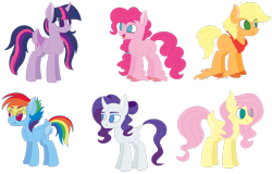 Size: 1024x656 | Tagged: safe, artist:galacticcinnamonbuni, derpibooru import, applejack, fluttershy, pinkie pie, rainbow dash, rarity, twilight sparkle, twilight sparkle (alicorn), alicorn, earth pony, pegasus, pony, unicorn, bandana, base used, chest fluff, colored wings, colored wingtips, curved horn, ear fluff, eye contact, female, happy, leonine tail, lidded eyes, looking at each other, mane six, mare, older, open mouth, simple background, smiling, tail feathers, transparent background, unshorn fetlocks