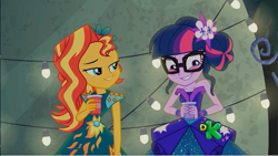 Size: 1606x904 | Tagged: safe, screencap, sci-twi, sunset shimmer, twilight sparkle, equestria girls, legend of everfree, blushing, discovery kids