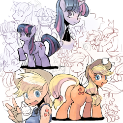 Size: 650x650 | Tagged: safe, artist:citolo, applejack, twilight sparkle, anthro, ambiguous facial structure, collage, lineart, pixiv, plot, sketch dump, traditional art