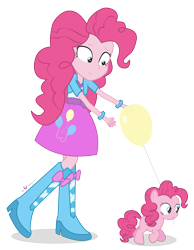 Size: 1050x1350 | Tagged: safe, artist:dm29, pinkie pie, equestria girls, balloon, cute, diapinkes, duality, duo, filly, hnnng, human ponidox, julian yeo is trying to murder us, mouth hold, pony pet, pouting, simple background, square crossover, transparent background