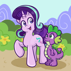 Size: 1024x1024 | Tagged: safe, artist:yoshimarsart, spike, starlight glimmer, dragon, pony, unicorn, duo, raised hoof, watermark