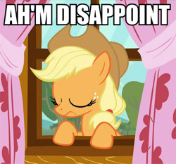 Size: 500x466 | Tagged: safe, screencap, applejack, earth pony, pony, curtains, disappoint, disappointed, disappointment, eyes closed, image macro, solo, window