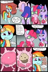 Size: 781x1156 | Tagged: safe, artist:metal-kitty, derpibooru import, derpy hooves, pinkie pie, rainbow dash, twilight sparkle, twilight sparkle (alicorn), alicorn, earth pony, pegasus, pony, comic:expiration date, comic, derpy soldier, dialogue, engie pie, engineer, expiration date, female, mare, medic, muffin, rainbow scout, scout, soldier, team fortress 2, teleporter, twi medic