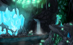 Size: 3200x2000 | Tagged: safe, artist:mricantdraw, queen chrysalis, changeling, changeling queen, cave, crystal, river, solo, waterfall