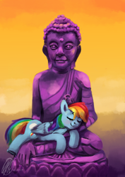 Size: 1240x1754 | Tagged: safe, artist:toisanemoif, derpibooru import, rainbow dash, pegasus, pony, behaving like a cat, buddha, buddhism, prone, sleeping, smiling, statue