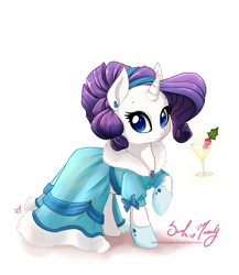 Size: 900x1035 | Tagged: safe, artist:starshinebeast, rarity, pony, unicorn, clothes, dress, drink, solo