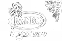 Size: 737x494 | Tagged: safe, artist:kturtle, derpibooru import, pinkie pie, rainbow dash, rarity, earth pony, pegasus, pony, unicorn, bread, food, monochrome, rainbo