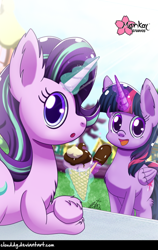 Size: 632x1000 | Tagged: safe, artist:clouddg, starlight glimmer, twilight sparkle, twilight sparkle (alicorn), alicorn, pony, unicorn, dessert, female, food, glowing horn, ice cream, looking at you, magic, mare, ponyville, smiling