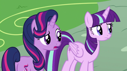 Size: 960x540 | Tagged: safe, edit, edited screencap, screencap, starlight glimmer, twilight sparkle, twilight sparkle (alicorn), alicorn, pony, unicorn, triple threat, confused, female, frown, hilarious in hindsight, mare, open mouth, palette swap, raised eyebrow, recolor