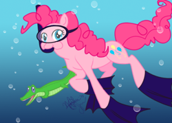 Size: 504x360 | Tagged: safe, artist:emeralddarkness, gummy, pinkie pie, earth pony, pony, snorkel, underwater