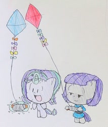 Size: 617x724 | Tagged: safe, artist:pippiminafowell, maud pie, starlight glimmer, earth pony, pony, unicorn, chibi, duo, glowing horn, kite, kite flying, peanuts, style emulation, traditional art