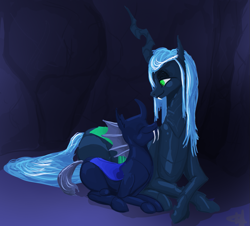 Size: 1175x1061 | Tagged: safe, artist:xander, queen chrysalis, changeling, changeling queen, cave, cavern, changeling hive, duo, female, happy, hive, male, mommy chrissy, mother, mother and child, mother and son, parent and child, smiling, son