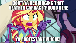 Size: 800x450 | Tagged: safe, edit, edited screencap, screencap, sci-twi, sunset shimmer, twilight sparkle, equestria girls, friendship games, caption, exploitable meme, image macro, meme, politically incorrect, religion, sunset yells at twilight, vulgar