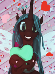 Size: 800x1080 | Tagged: safe, artist:feuerrader-nmm, queen chrysalis, changeling, changeling queen, 3d, abstract background, cute, cutealis, female, heart, heart pillow, hug, looking at you, pillow, pillow hug, smiling, solo