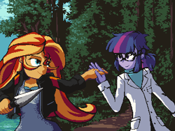 Size: 360x270 | Tagged: safe, artist:zedotagger, sci-twi, sunset shimmer, twilight sparkle, equestria girls, clothes, fanfic art, female, forest, lab coat, lesbian, pixel art, scitwishimmer, shipping, spear, sunsetsparkle, weapon