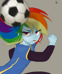 Size: 791x949 | Tagged: safe, artist:ehfa, derpibooru import, rainbow dash, equestria girls, clothes, football, multicolored hair, solo, sports