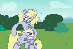 Size: 993x666 | Tagged: safe, artist:extradan, derpy hooves, oc, oc:jerky hooves, pegasus, pony, female, mare