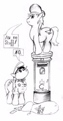 Size: 1686x3249 | Tagged: safe, derpy hooves, oc, oc:pit pone, pegasus, pony, ask, bag, balancing, blog, british, confused, english, female, flat cap, hat, letter box, mail, mailbag, mailmare, mailpony, mare, monochrome, post box, royal mail, tumblr