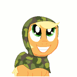 Size: 256x256 | Tagged: safe, artist:cheshiresdesires, applejack, earth pony, pony, animated, clothes, cute, ear twitch, floppy ears, grin, looking up, parody, poncho, prequel (webcomic), silly, silly pony, simple background, smiling, solo