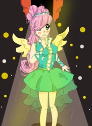 Size: 1700x2338 | Tagged: safe, artist:vanellope-von-art, fluttershy, blushing, clothes, dress, humanized, solo, winged humanization