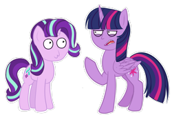 Size: 1804x1202 | Tagged: safe, artist:deraniel, starlight glimmer, twilight sparkle, twilight sparkle (alicorn), alicorn, pony, unicorn, reddit and memey, rick and morty, simple background, teacher and student, white background